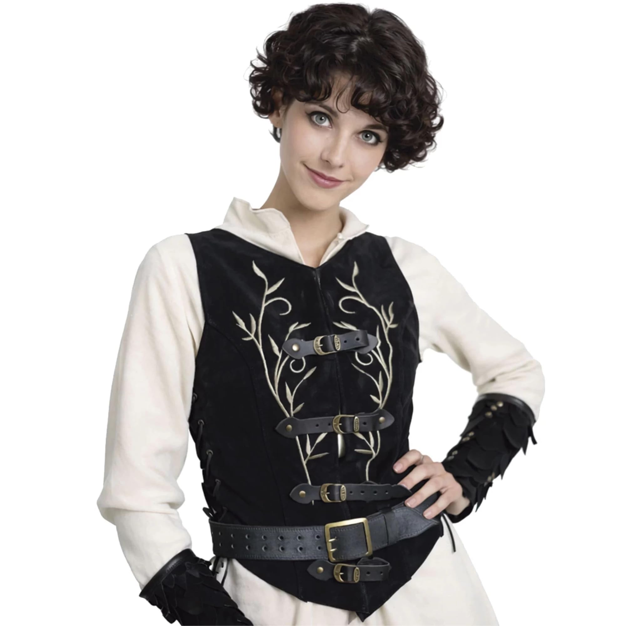 RAWBLADE Lassel Short Jerkin, Medieval Leather Vest with Floral Embroidery & Buckle Fastening, LARP Costume for Renaissance Fair, Cosplay & Historical Reenactment
