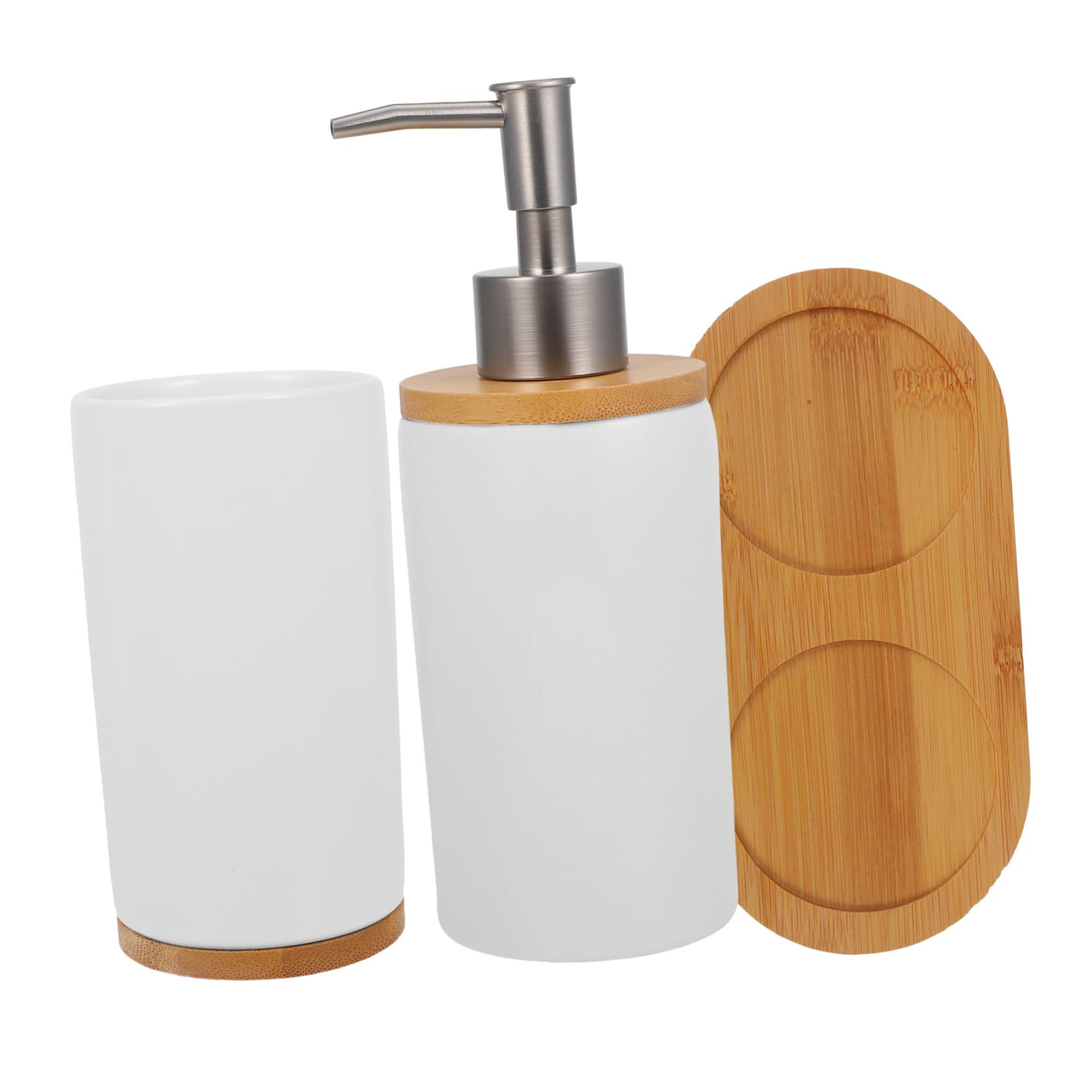 FOYTOKI Accesorios de Baño Cerámicos Blancos con Dispensador de Loción Press Pump Vaso para Cepillos de Dientes y Base Estable Juego Completo para Organizar y Decorar Cuartos de Baño