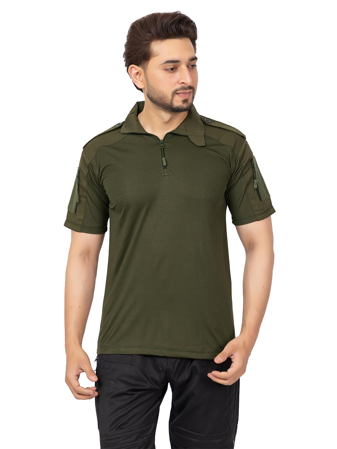 Men's Camouflage Printed Tactical Olive Polyester Polo Zip Half Sleeve T-Shirt | Velcro Pockets | Side Arm Zip | Sweat Absorbing-image-12