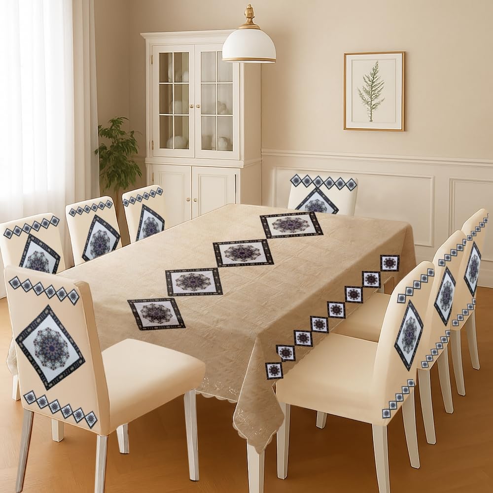 Stylista 8 Seater Dining Table Cover Set with Chair Covers - Beige & Black Diamond Motif - Table Cover Dimension in inches WXL 59x108-image-48