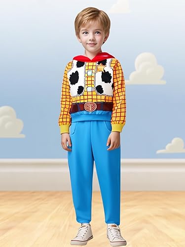 Miniatura 8 de Eledobby Disfraz infantil de Buzz Lightyer para Halloween, disfraz de sheriff Woody para niños, conjunto de pantalones con capucha
