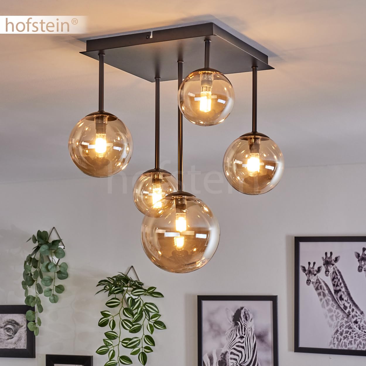 HOFSTEIN Deckenleuchte Chehalis, Deckenlampe aus Metall/Glas in Schwarz/Bernstein, Leuchte im modernen Retro/Vintage-Design mit Schirmen aus Glas (Ø 10, 12, 15 cm), 5 x G9, ohne Leuchtmittel