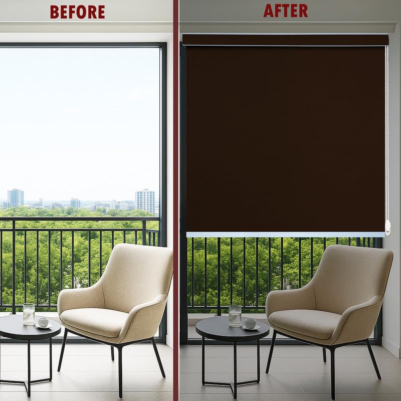 Image of Waterproof Roller Blinds Pelmet with Child Safety Clips Protect from Rain & Sun Corded Roll Up Blind Curtain for Home & Office(Coffee Color 3X4.5 Feet, Pack of 1 Piece)