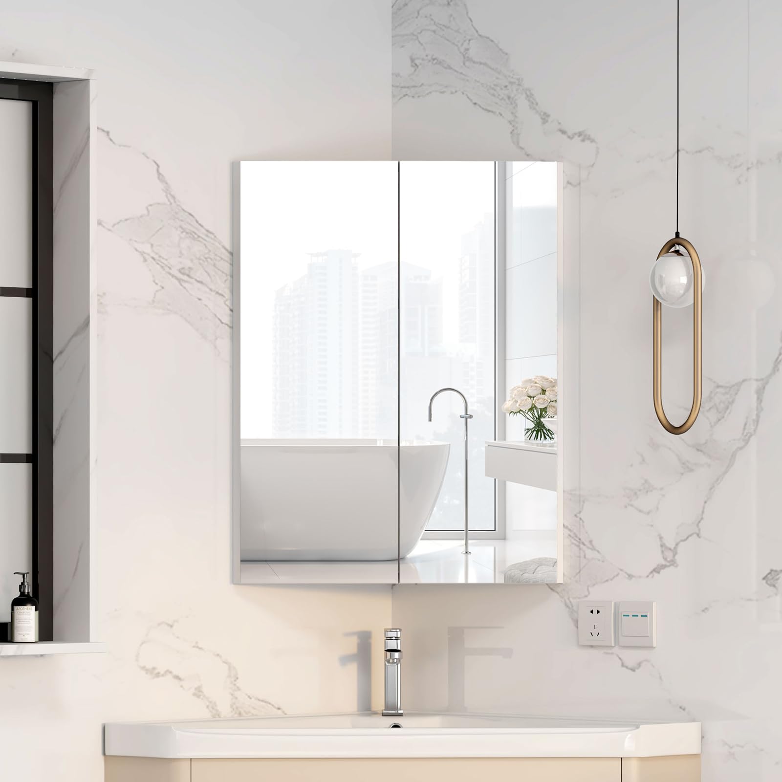 Mepplzian 45x60 Corner Bathroom Cabinet with Mirror,2-Door Mirrored Cabinet