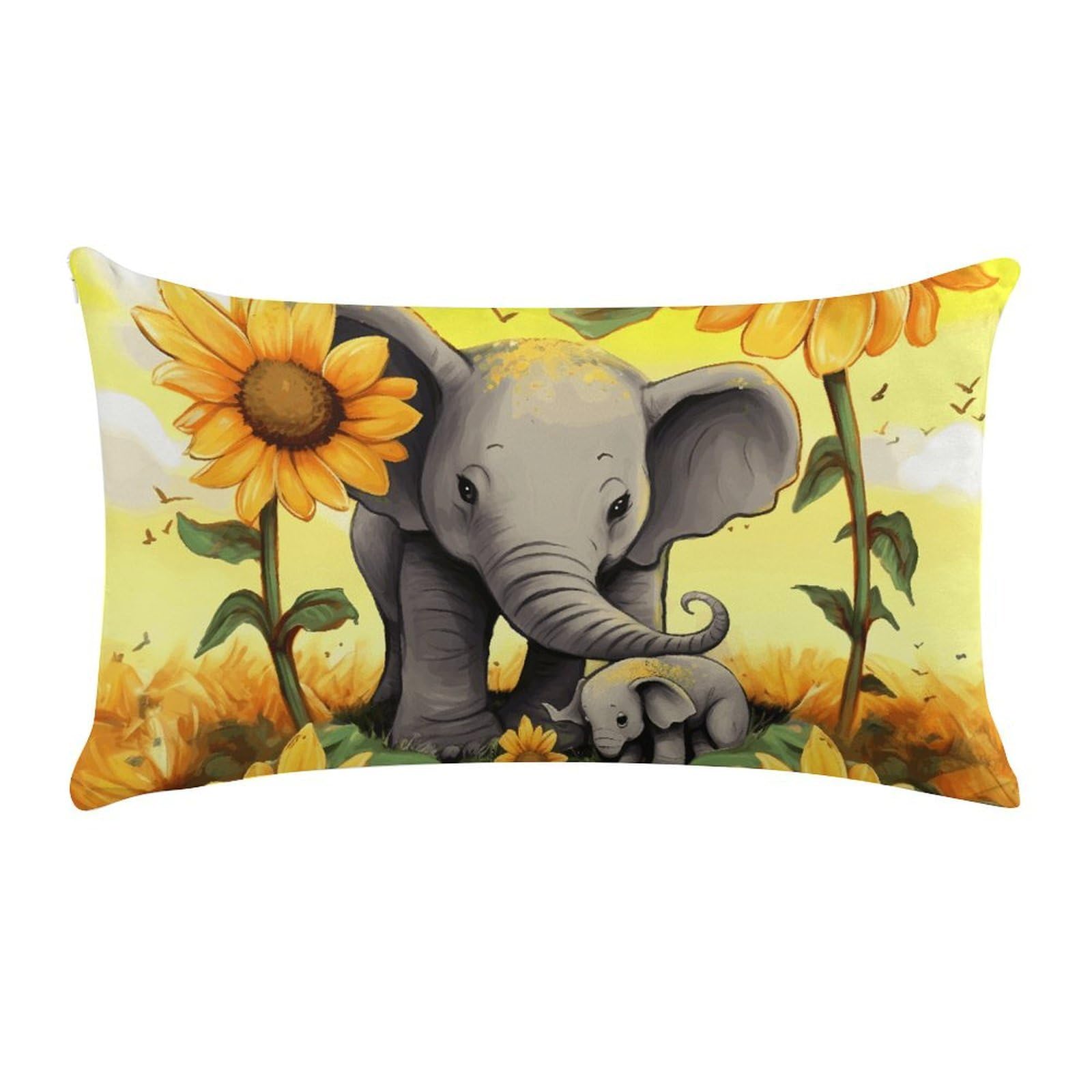 Mother and Baby Elephant Sunflowers Pillow Cases for Sofa, Super Soft Plush Pillow Cover with Zipper, Luxury Cozy Pillow Shams for All Seasons, Lightweight Pillowcases for Bedroom, 12" X 20"