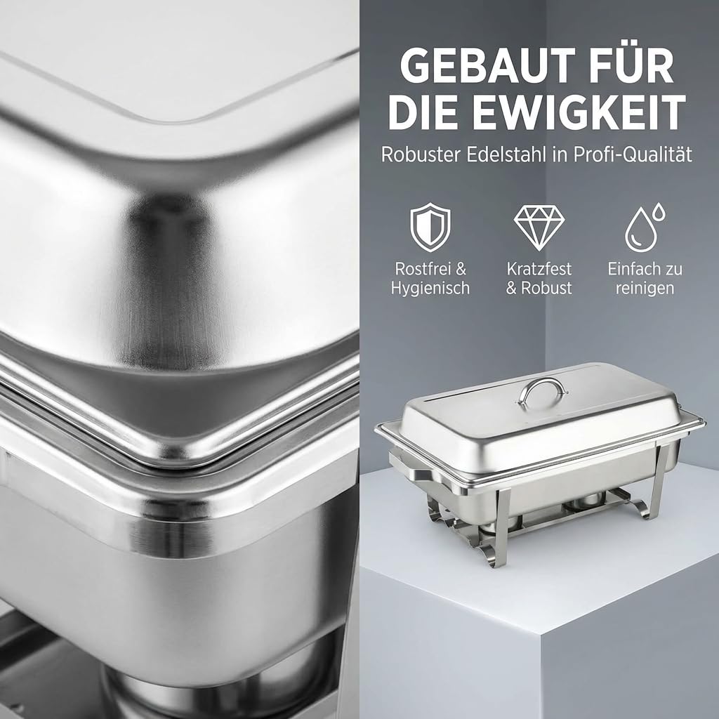 Warmhaltebehälter für Essen GN 1/1, Chafing Dish Edelstahl 9 L, Rechaud | Großer Buffetwärmer mit GN-1/1-Behälter & Deckel, Speisenwärmer mit Wasserbad, für Grillgut, Buffet, Catering & Events