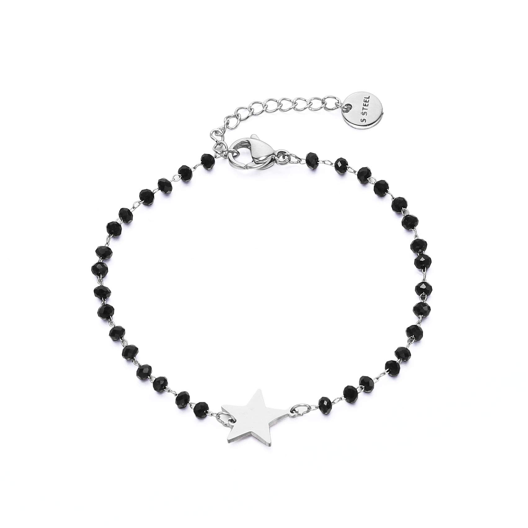 pengjin-Bracciale con ciondolo a quadrifoglio portafortuna, in acciaio inox, con perline nere, semplice braccialetto portafortuna