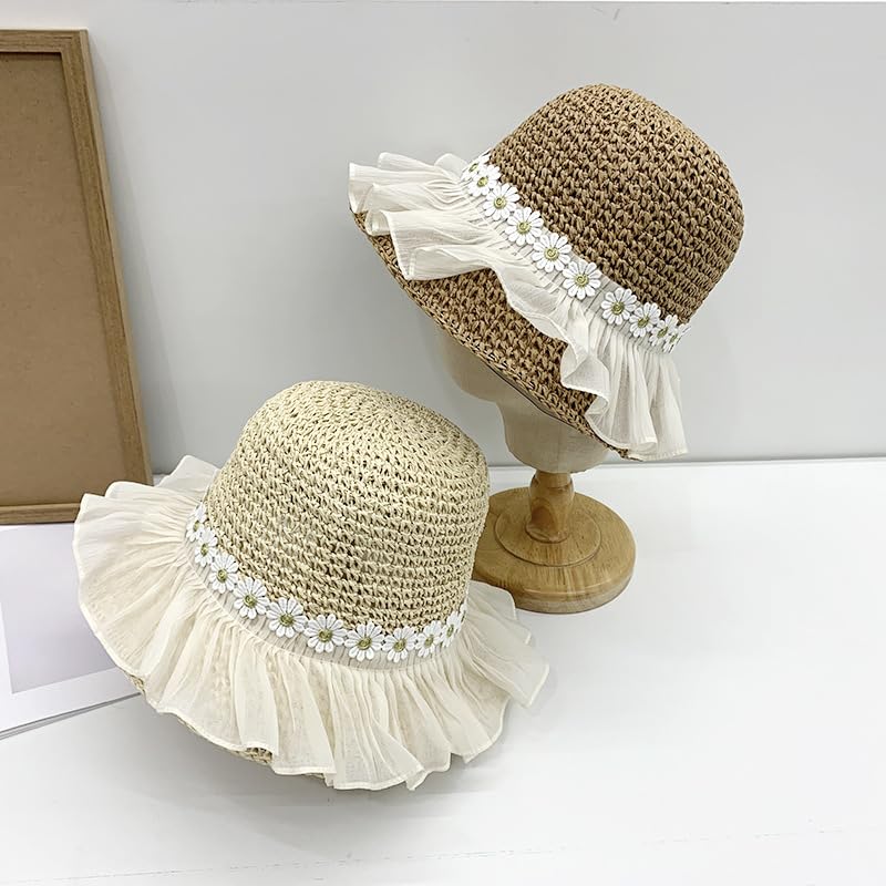 Sombrero de Paja para Mujer,ala Ancha,Plegable,para Playa,con Tul Floral,para Viajes,Vacaciones de Verano,Suave,Ligero y Transpirable