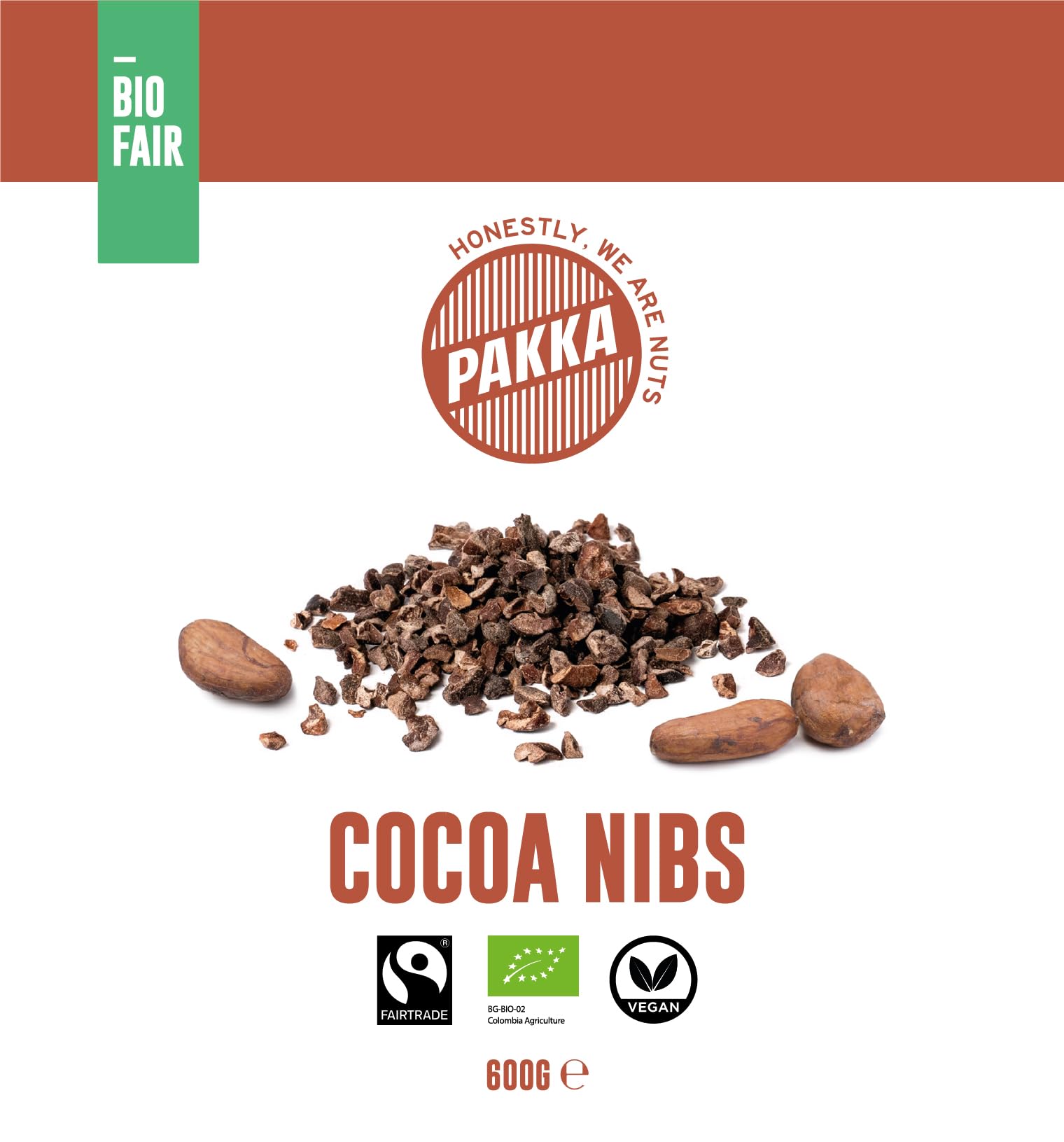 PAKKA Bio Fairtrade Kakao Nibs, 600g, Öko & Fair, Cacao Cocoa Nibs, direkt hergestellt und abgefüllt vom Produzenten in Kolumbien, vegan,600 g (1er Pack))