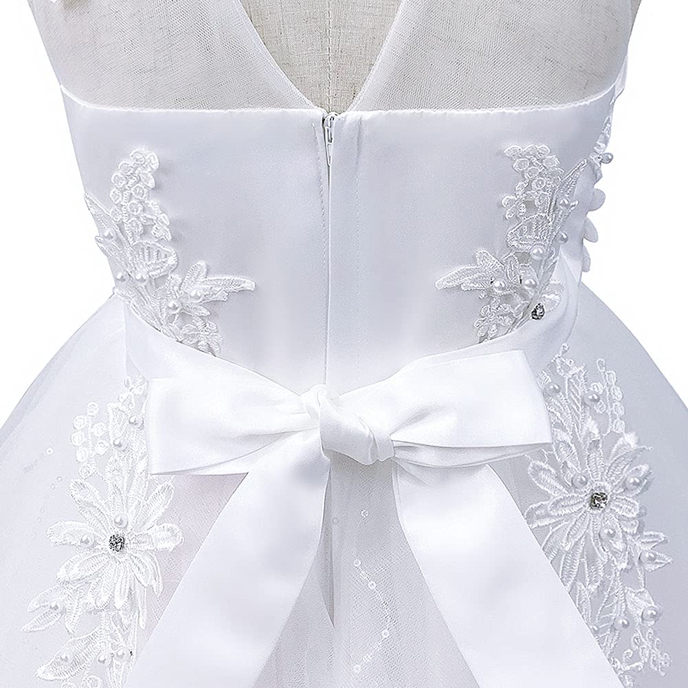 Vestito lungo da bambina con fiori ricamati da principessa, linea A, abito da damigella d'onore, per la prima comunione, per il compleanno, per le feste, A#bianco., 9-10 Anni
