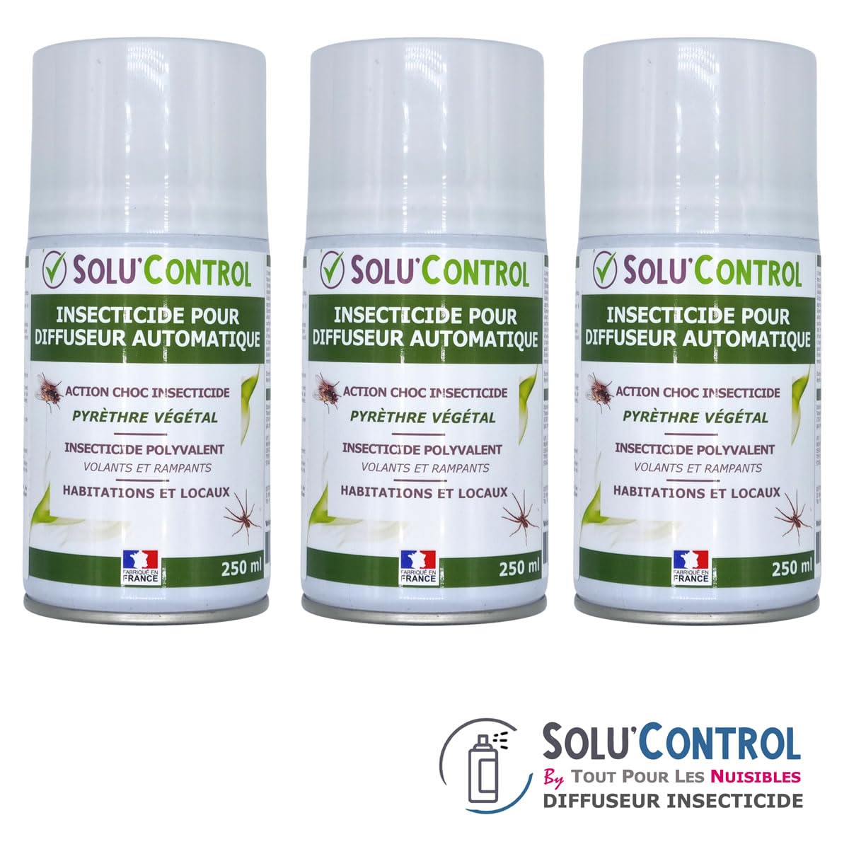 3 Aérosols Insecticide 250 ml au Pyrèthre Végétal - Compatible Diffuseur Automatique - Action Choc Contre Volants et Rampants