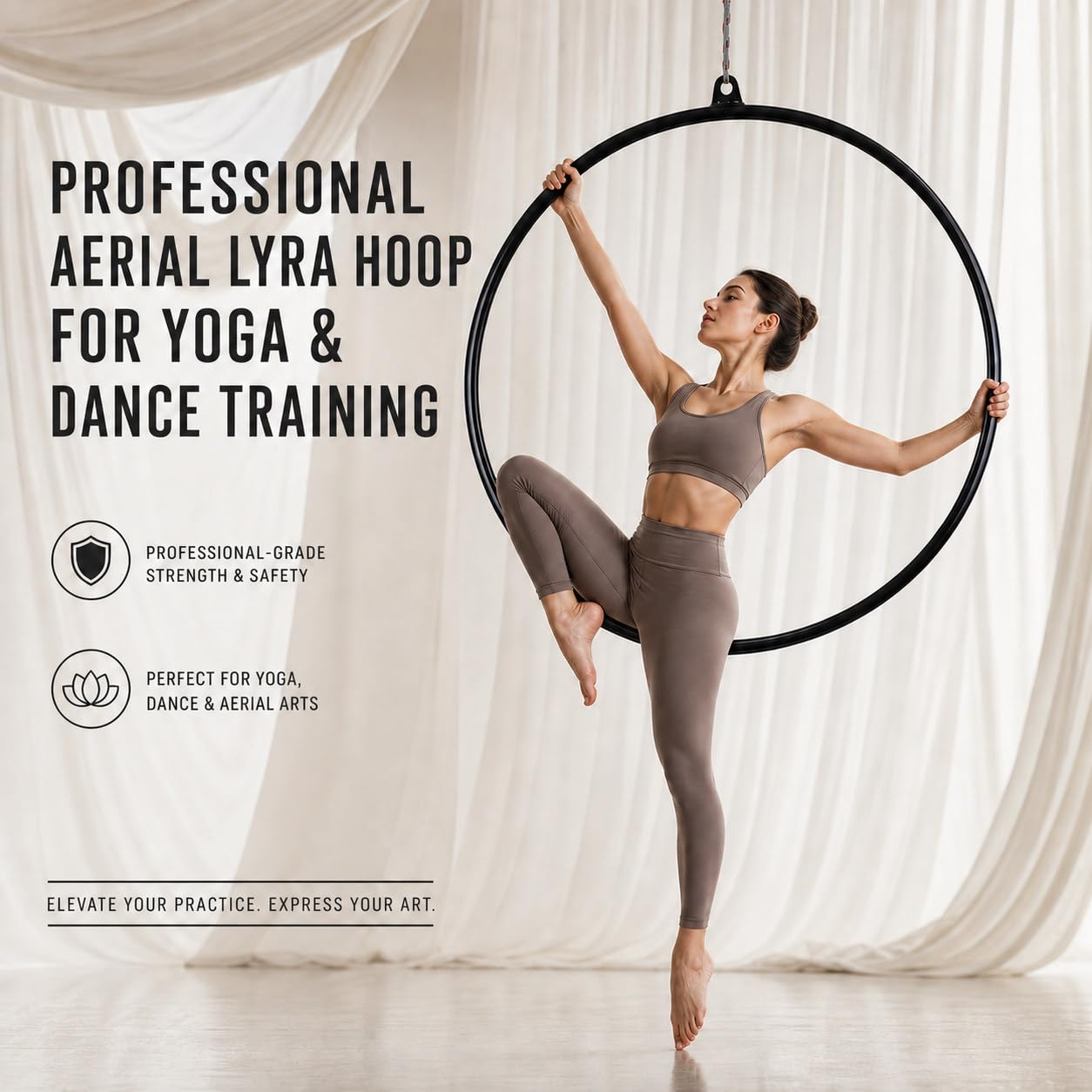 Cerchio Aereo Cerchio Aereo da Yoga da 85/90 Cm, Danza Acrobatica con Lyra Hoop A Punto Singolo, Swivel Included, Safer Performance Black-90cm