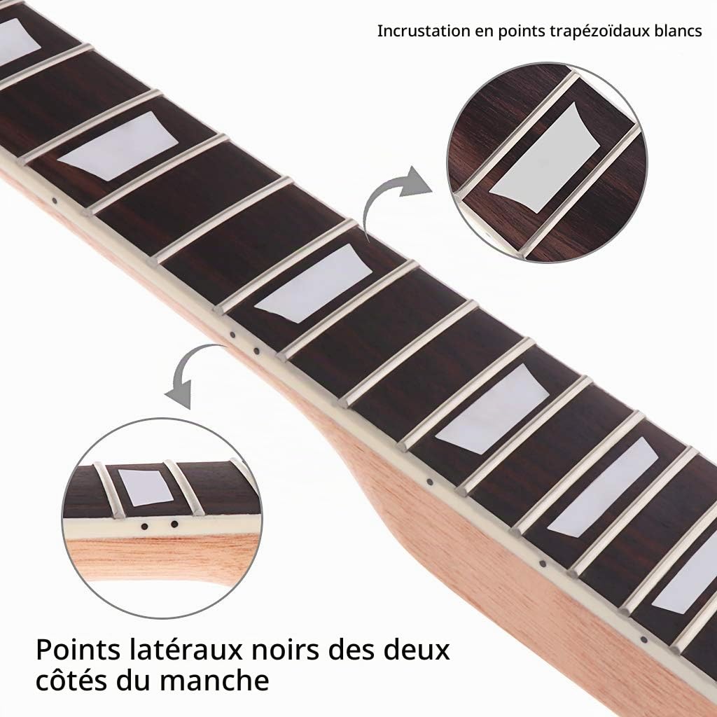 Alnicov Manche De Guitare électrique DIY,Compatible Avec les Pièces Détachées de Guitare Gibson LP 22 Frettes Manche en Acajou Avec Incrustation Trapézoïdale Blanche-Naturel