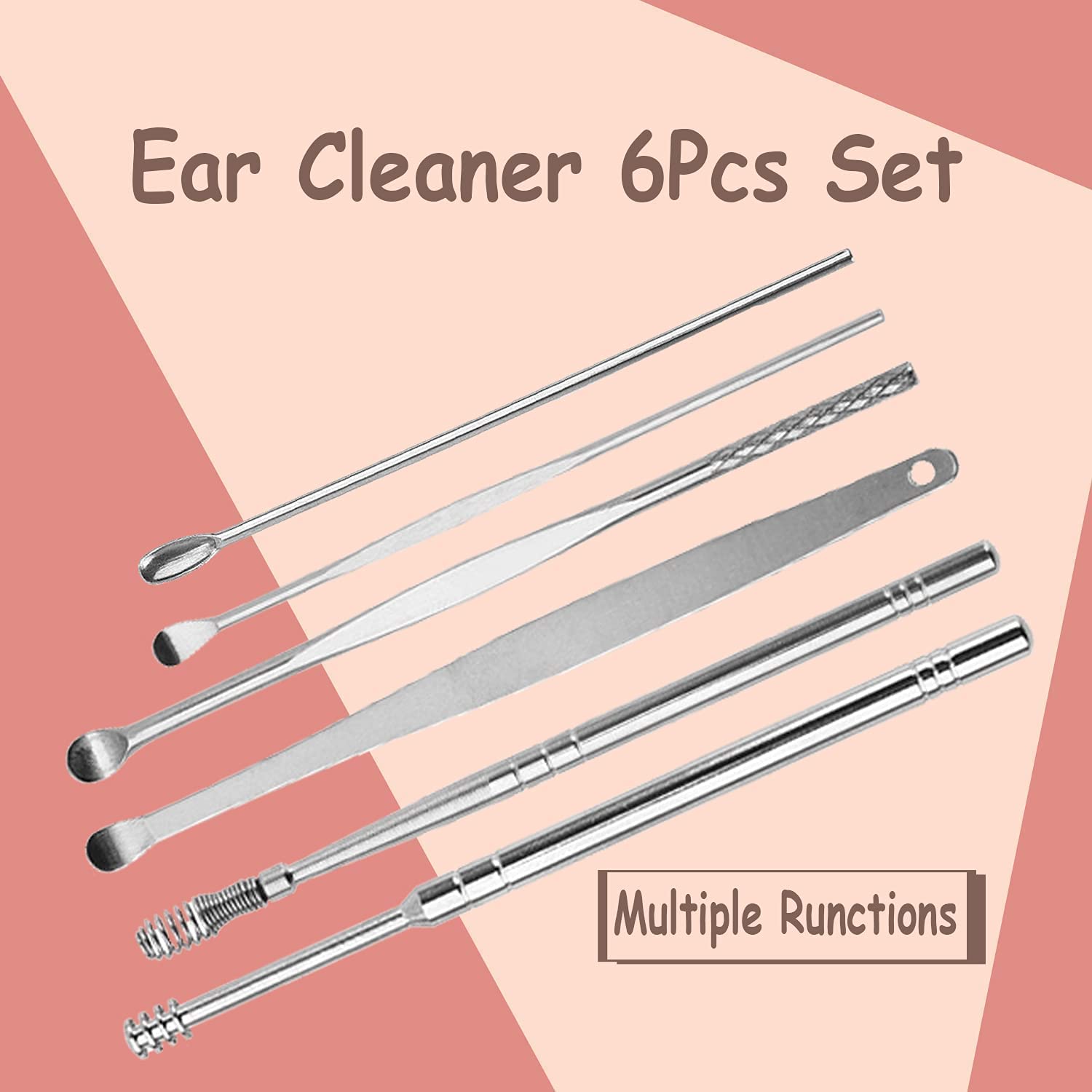6 Piece Stainless Steel Ear Wax Removal Kit with PU Leather Case, Spring Cleansing Tools, Portable Spoon Picks for Home, Travel 3