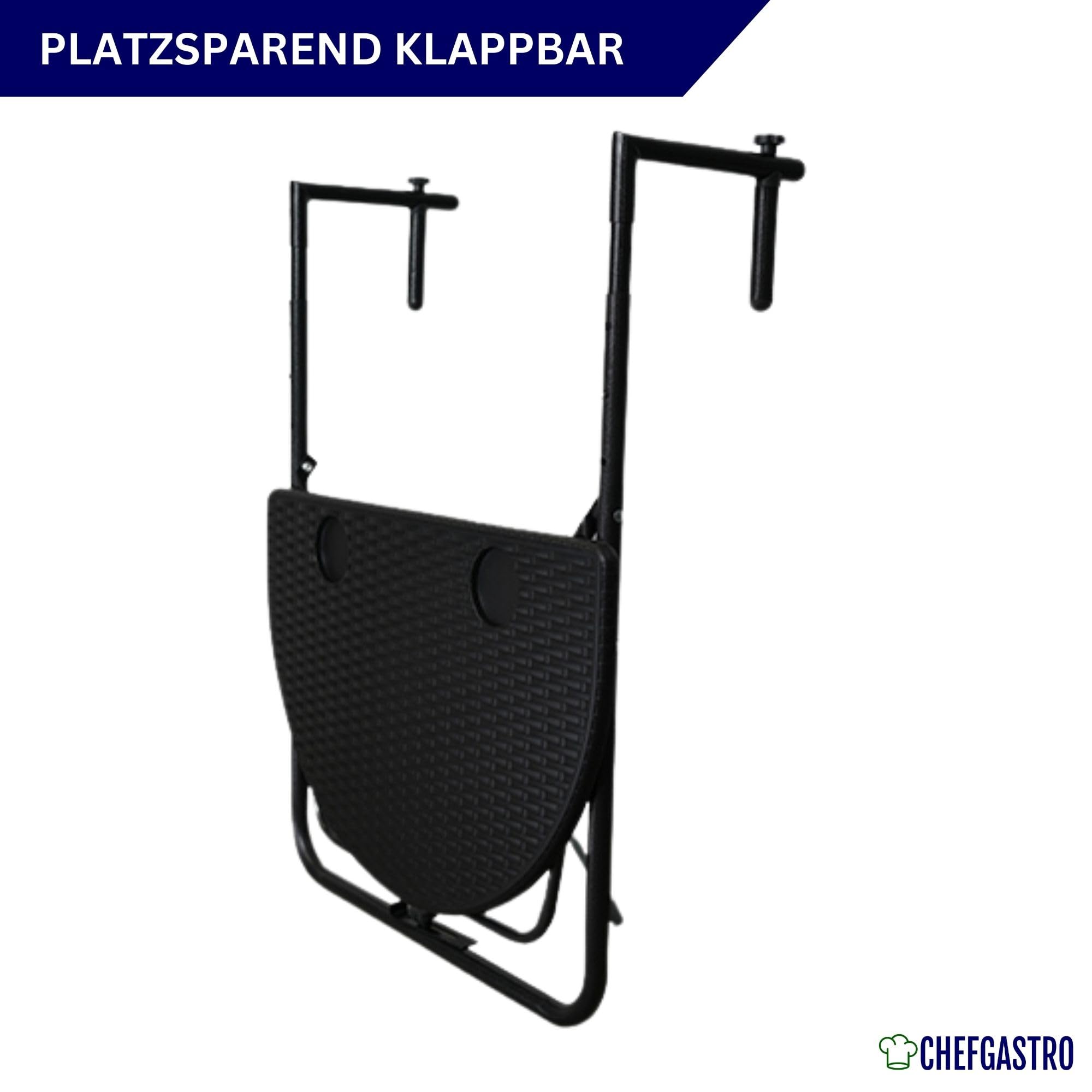 CHEFGASTRO Balkonhängetisch klappbar wetterfest 3-Fach höhenverstellbar 60x40cm Metall Rattan Optik Schwarz Balkontisch zum Hängen Hängetisch mit 2 Tassenhalterungen Balkon Klapptisch