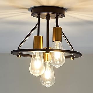 Industrial Semi Flush Mount Ceiling Light Fixture 3-Light Matte Black and Gold Chandelier E26 Farmhouse Ceiling Lamp for Entryway Hallway Bedroom Passway Balcony