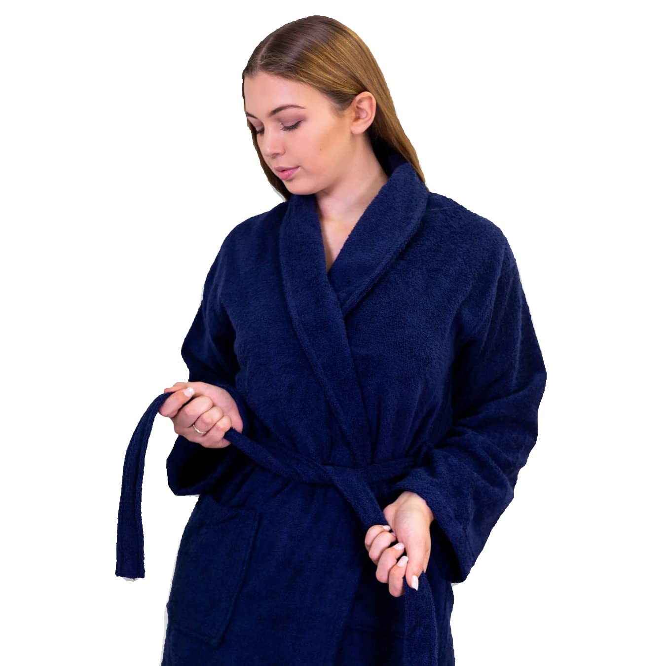 Allure Terry Towelling Bathrobe - 100% Cotton Unisex Shawl Robe for Men, Women (S/M, Navy)