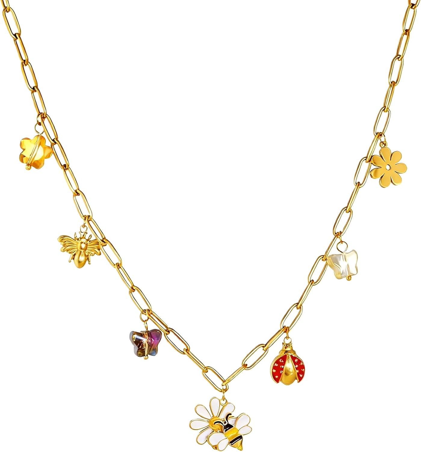 Boho Ladybug Butterfly Flowers Bees Pendant Charms Necklace for Women,Insects Holiday Stainless Steel Chain Surfer Jewelry Choker Necklace Adjustable