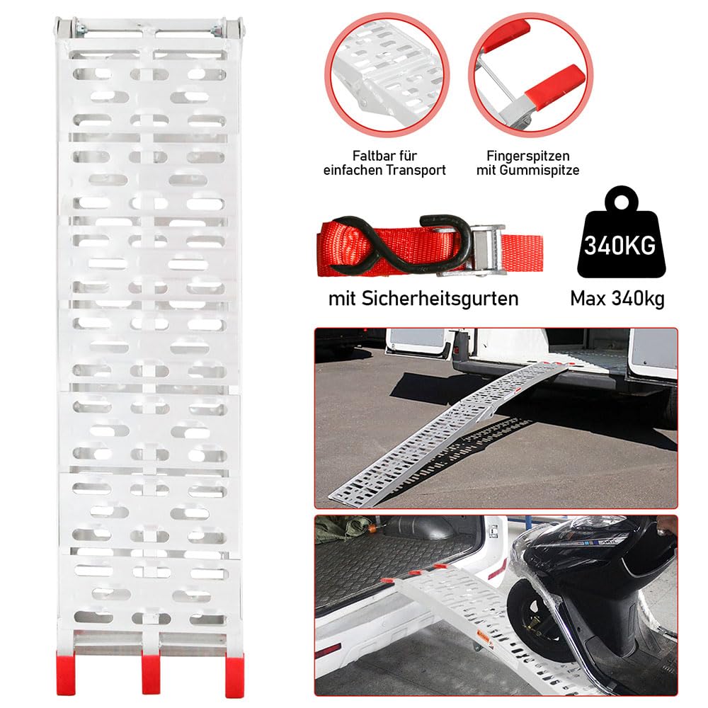 1X Klappbar Auffahrrampe, 340kg Alu Verladerampe, rutschfest Verladeschiene, Anhängerrampe, Auto Laderampe für Motorrad, Anhänger, Rasenmäher, 226 x 30.5x5.5cm