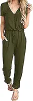 Macacão feminino sexy de manga curta com decote em V profundo e cordão na cintura da PRETTYGARDEN com bolsos