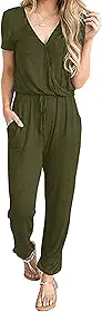 Macacão feminino sexy de manga curta com decote em V profundo e cordão na cintura da PRETTYGARDEN com bolsos