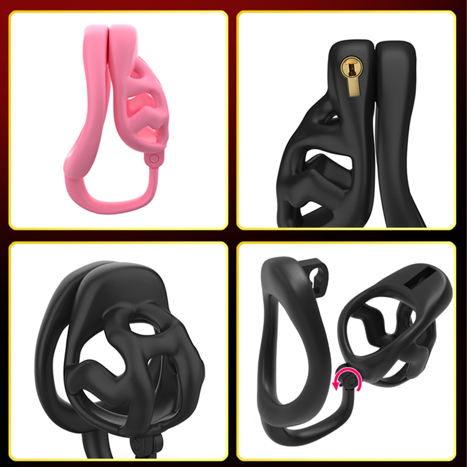 Gabbia di castità per uomini adulti - Design con gancio superiore, set di giocattoli sessuali con gabbia per il pene con 3 anelli fallici, dispositivo di castità maschile (Pink,S)