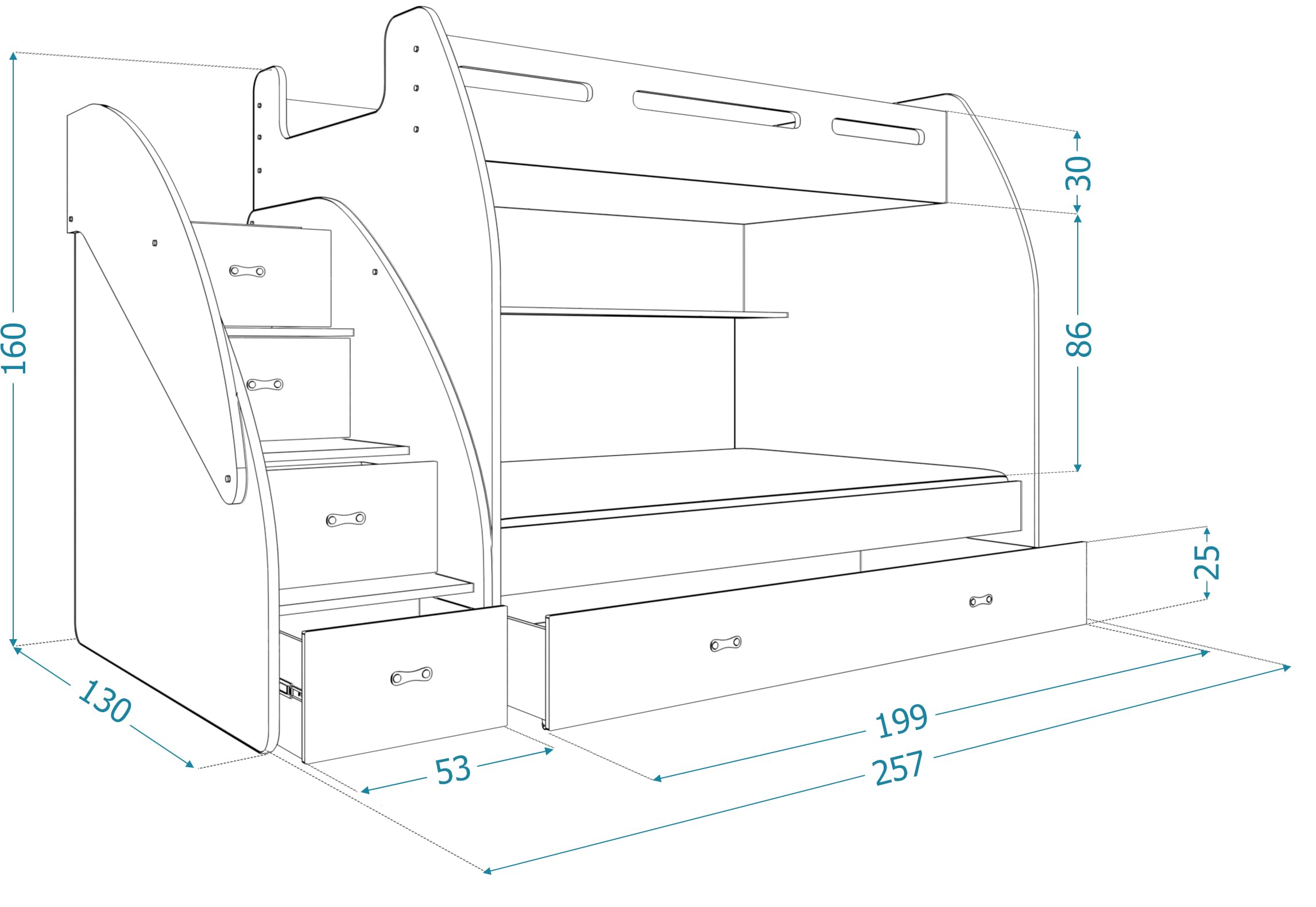 AJKmeble - Letto a castello 90 x 200 cm/120 x 200 cm, con scala e letto estraibile (disponibile nei colori bianco, blu, verde, rosa o grigio, per ragazzi e ragazze, letto per ragazzi e ragazze,