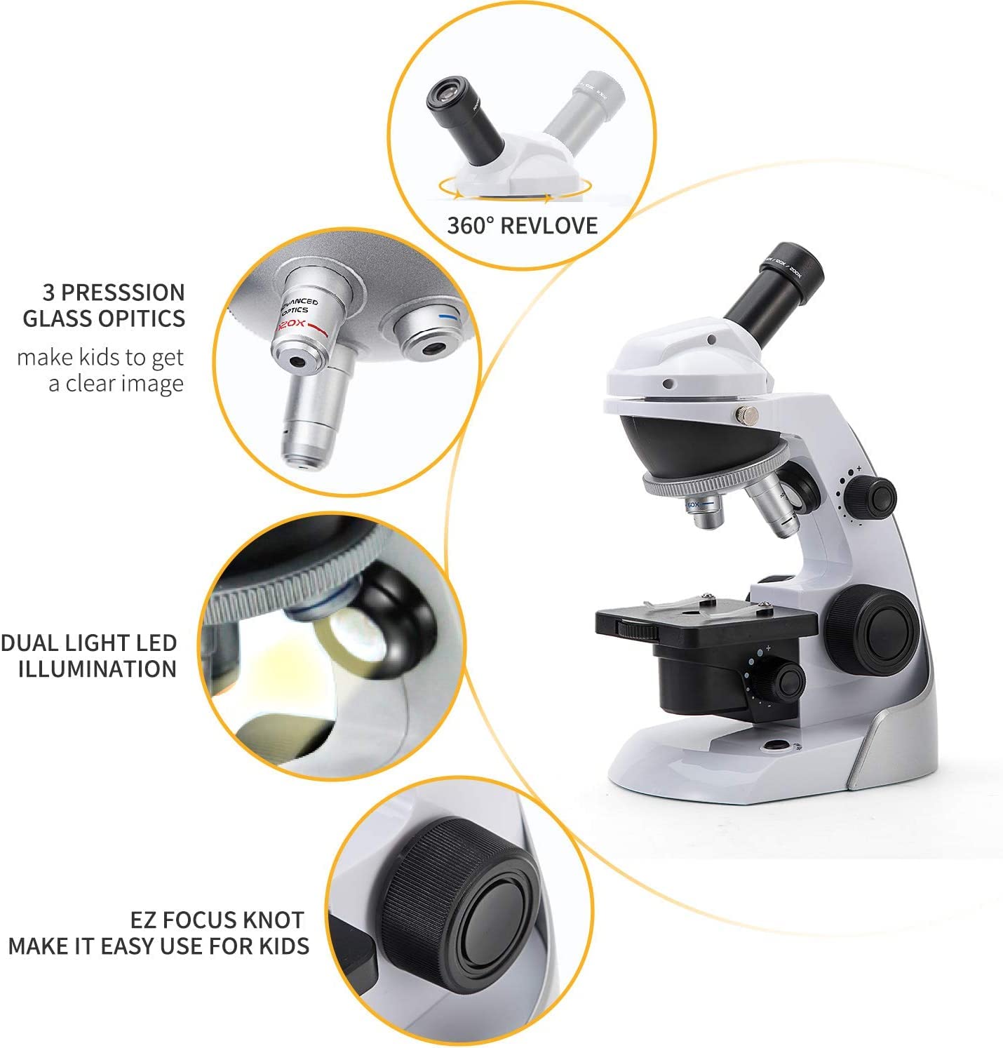 SWIFT Microscopio SS30-8001 para niños y estudiantes 60X-200X, microscopio monocular compuesto con 42 accesorios incluyendo adaptador de smartphone, 10 diapositivas en blanco para principiantes