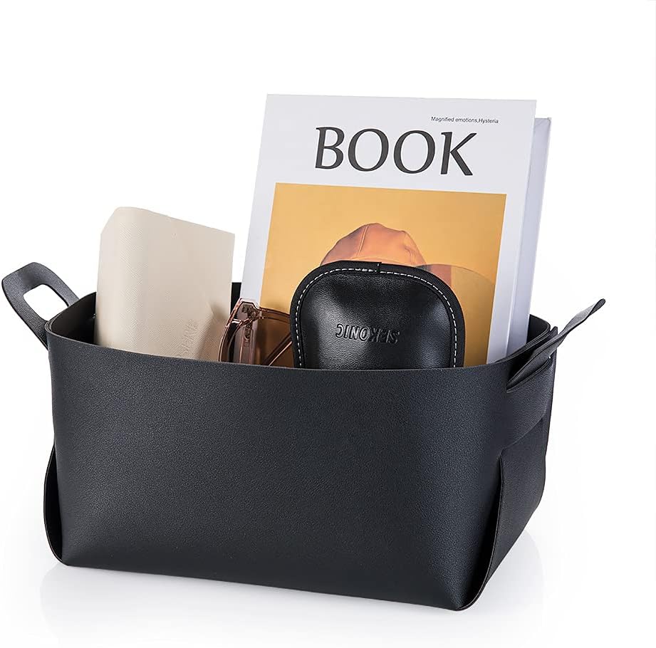 Hekyip Small Pu Leather Multifuctional Organizer, Desktop Organzing Makeup Brush Holder for Living Room, Dressing Table, Office Room (Black Large)