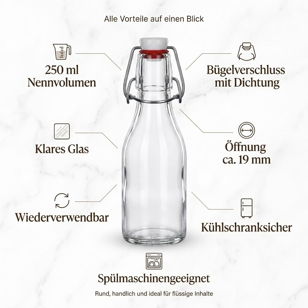 gouveo lot de 24 bouteille en verre ronde avec fermeture mécanique 250 ml (0,25 l) – à remplir pour jus, sirop, liqueur, huile et vinaigre, lavable au lave-vaisselle (BFR250)