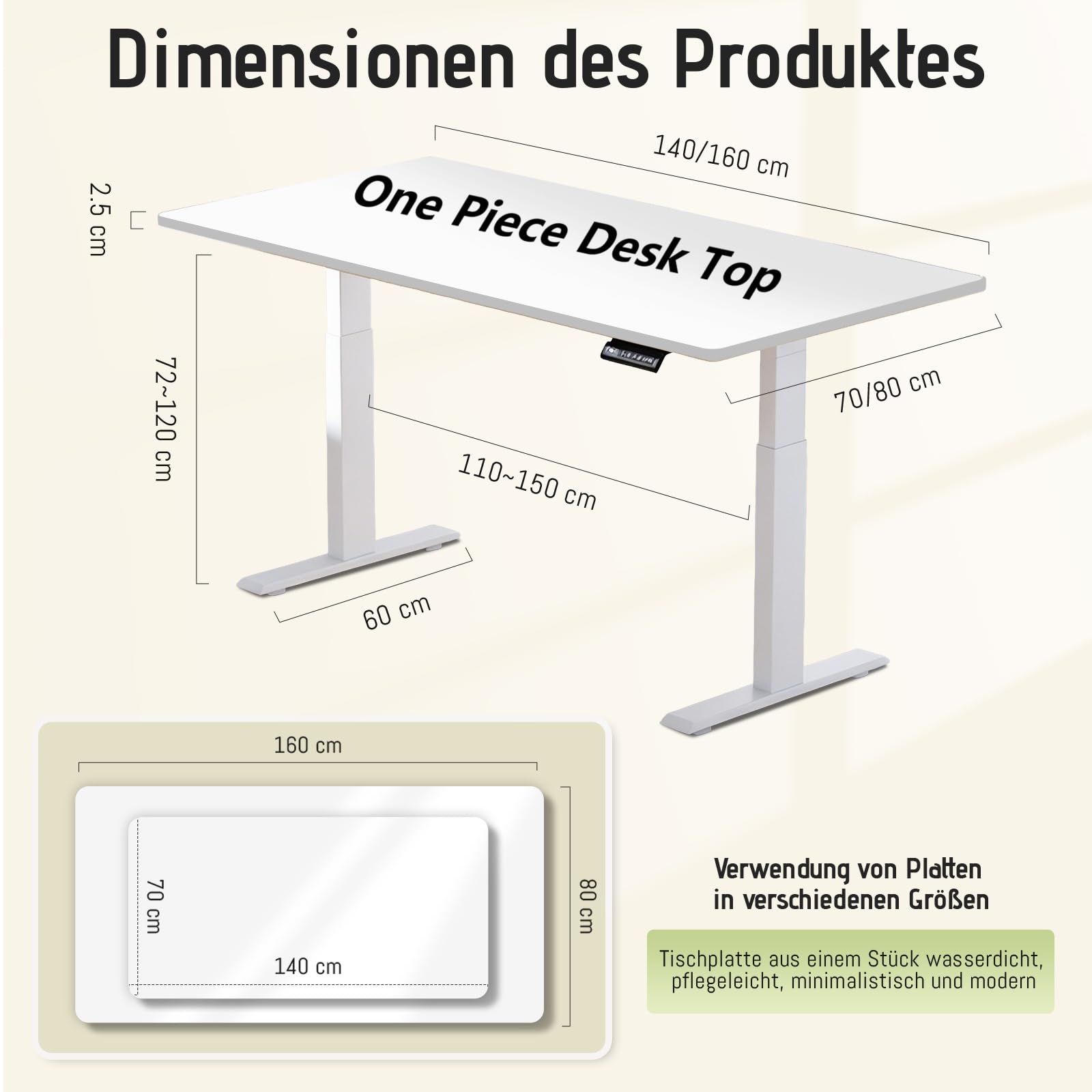 Höhenverstellbarer Schreibtisch mit 2 Motoren, 25 mm starker, einteiliger Nahtloser Tischplatte, mobiler elektrischer Computertisch – perfekte Ergonomie für Ihr Büro (Weiß+Weiß Frame, 140cm*70cm)