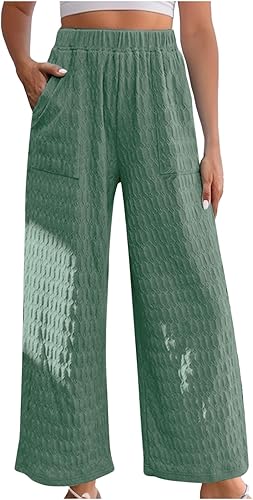 Pantalones palazzo de cintura alta para mujer, pantalones de pierna ancha con textura, pantalones casuales elegantes de viaje con bolsillos