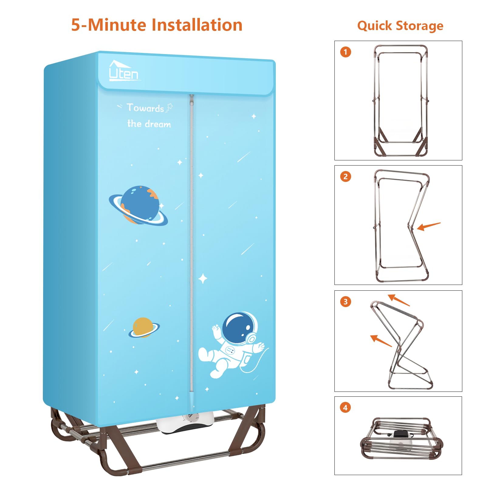 Uten Clothes Dryer Electric Indoor, 2-Tier Heated Clothes Airer, Foldable Dryer Wardrobe Drying Rack with storage Bag, 1500w Quick Dry for All Fabrics, Suitable for Home - 4