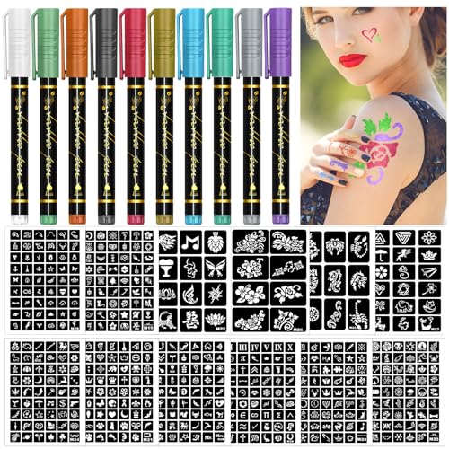 10pcs Stylo Tatouage Temporaire, 479 Pochoir Tatouage,Marqueur Peau tatouage ephemere Pour La Peau Pour Enfants, Adulte, Garçons, Filles, Carnaval, Halloween,...