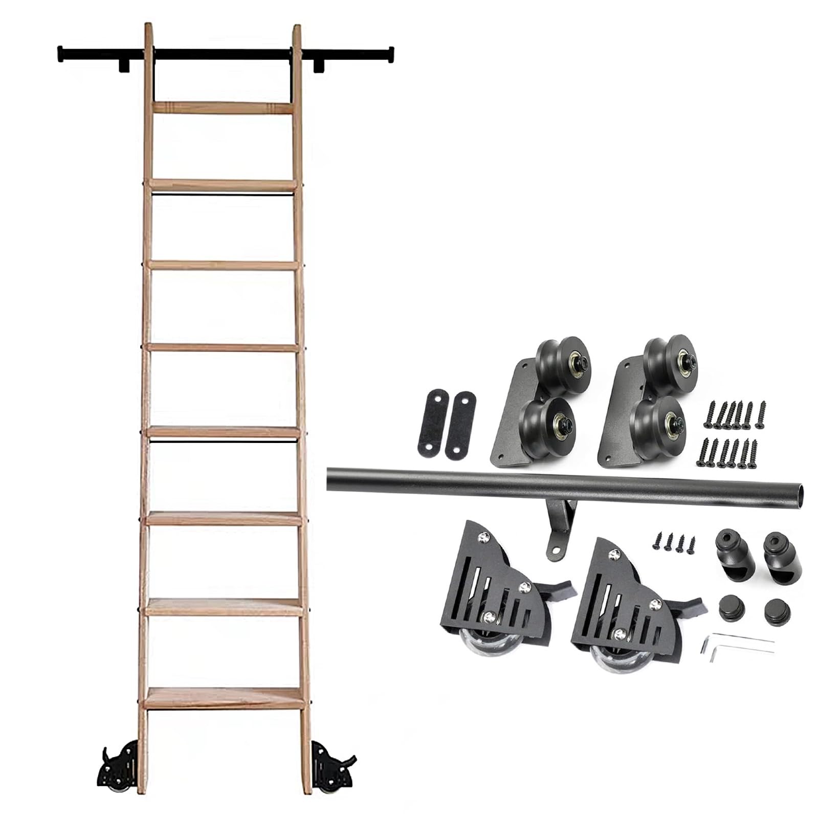 LWJSOCP Rolling Ladder Hardware Library Sliding Ladder Hardware Kit, Black Steel Rolling Library Ladder Track Rail, Home/Office/Library Barn Style Sliding Track Kit, (no Ladder)(6.6ft/200cm Track Ki