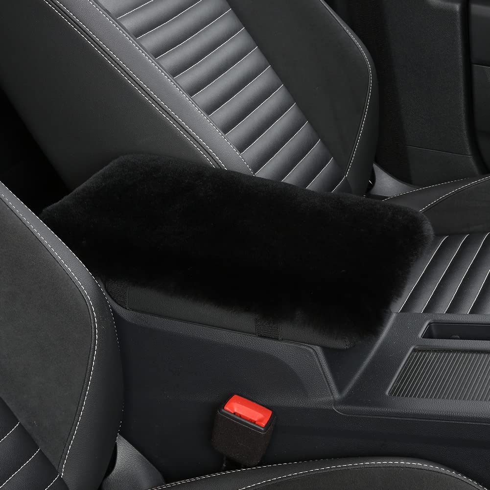 IRIWOOL Sheepskin Armrest Cover Auto Center Armrest Cover Car Soft Console Pad, Fluffy Wool Auto Center Console Cover for Most Car Arm Rest Decoration Protector 7 x 13 Inch (Shearling, Black)
