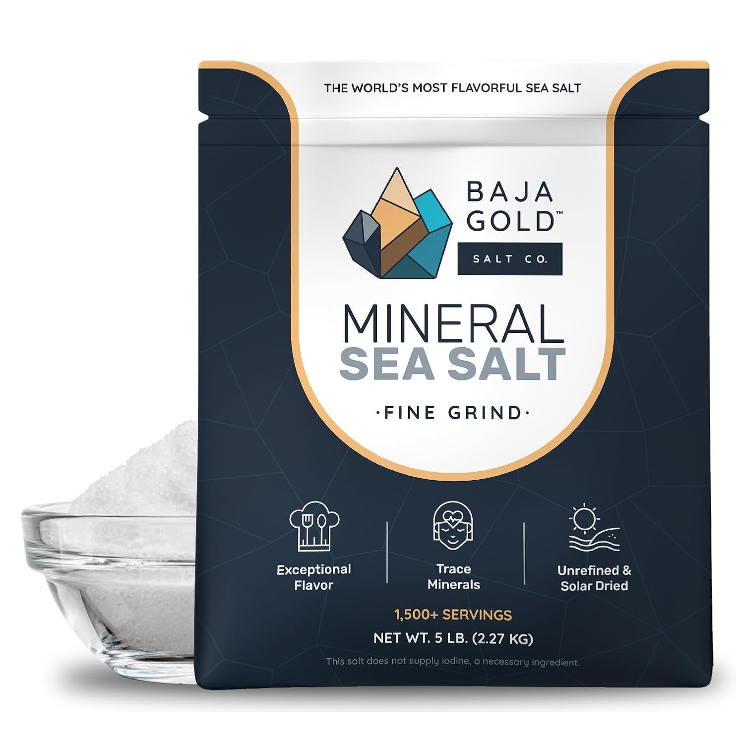 Baja Gold Mineral Sea Salt - Pure & Organic Real Salt for Cooking & Baking | Fine Grind Sea Salt - Low Sodium | Natural Baja Salt - Ideal for All Culinary Uses | 5 lb. Resealable Bag, 300+ Servings