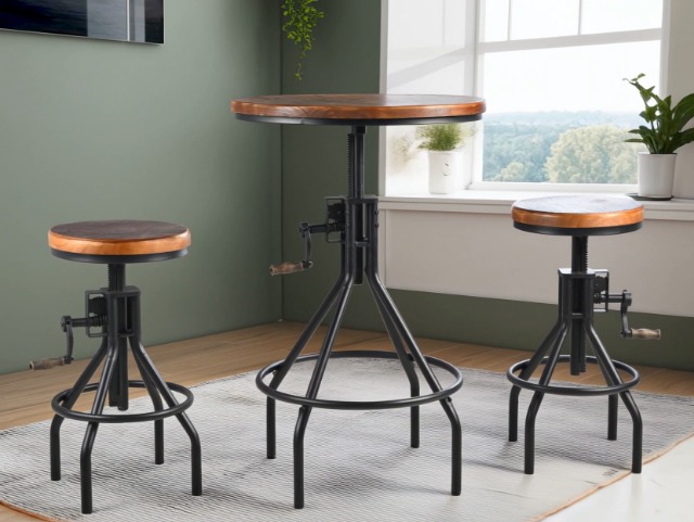 Butaco industrial de estilo granja con asiento de madera, altura ajustable y manija, para cocina o bar, negro, juego de 2 miniatura 7