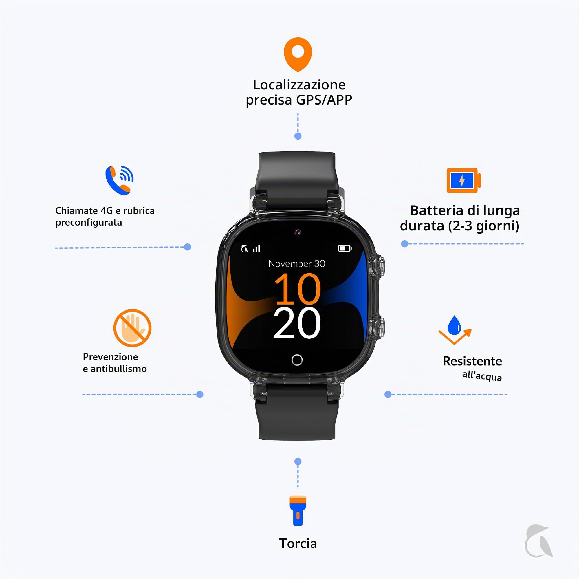 Robin K2 - Orologio per telefono 4G GPS per bambini, senza giochi, né social network, né distrazioni - chiamate sicure, chat, SOS, modalità classe, torcia elettrica, pedometro, app familiare Robin