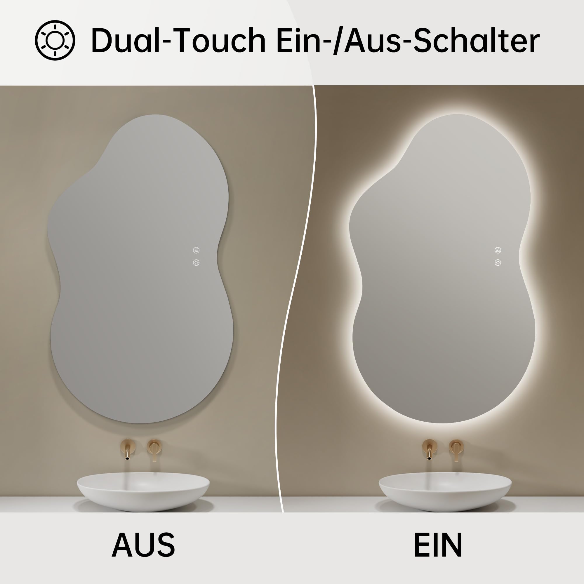 Badspiegel mit Beleuchtung Asymmetrischer LED Badspiegel 100 x 60 cm mit Touch-Schalter, Dimmbar 3 Lichtfarbe Einstellbare, Beschlagfrei Badezimmerspiegel mit Beleuchtung, Bruchsicher