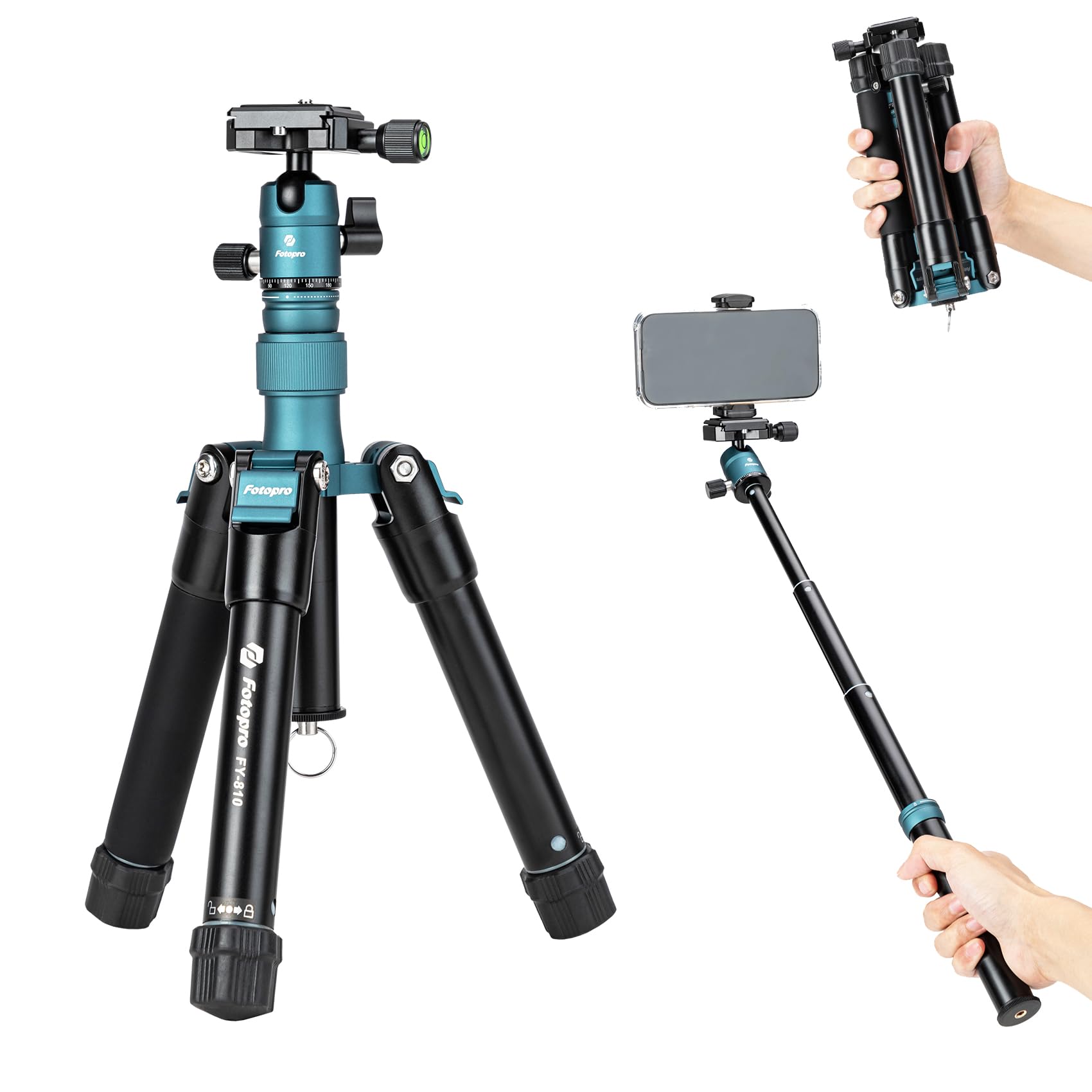 Fotopro Mini treppiede con testa a sfera, supporto per telefono, bastone per selfie staccabile, piegato solo 21,8 cm, carico massimo fino a 3 kg, FY-810, blu