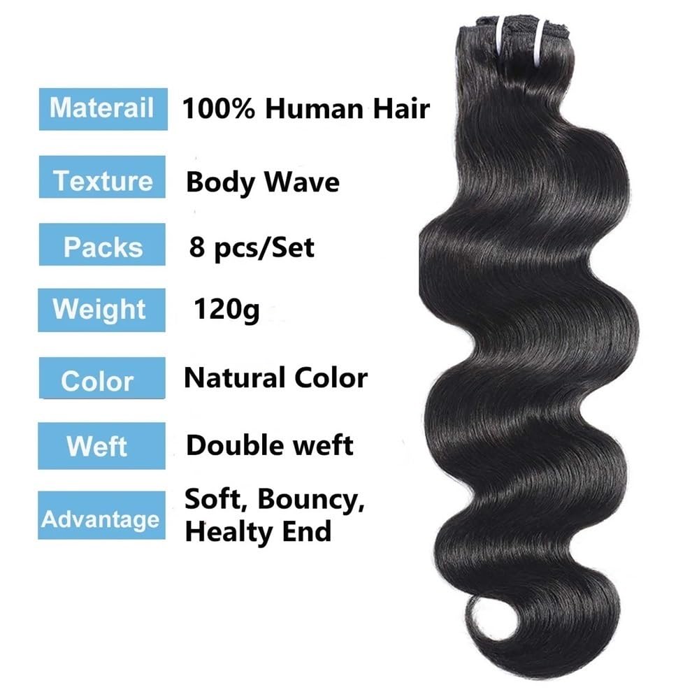 Dopinki do przedłużania włosów Body Wave Clip in, prawdziwe, 25-66 cm, falowane, dla kobiet, 8 sztuk, 120 g, 18 klipsów, naturalna czerń, nr 1B (22")