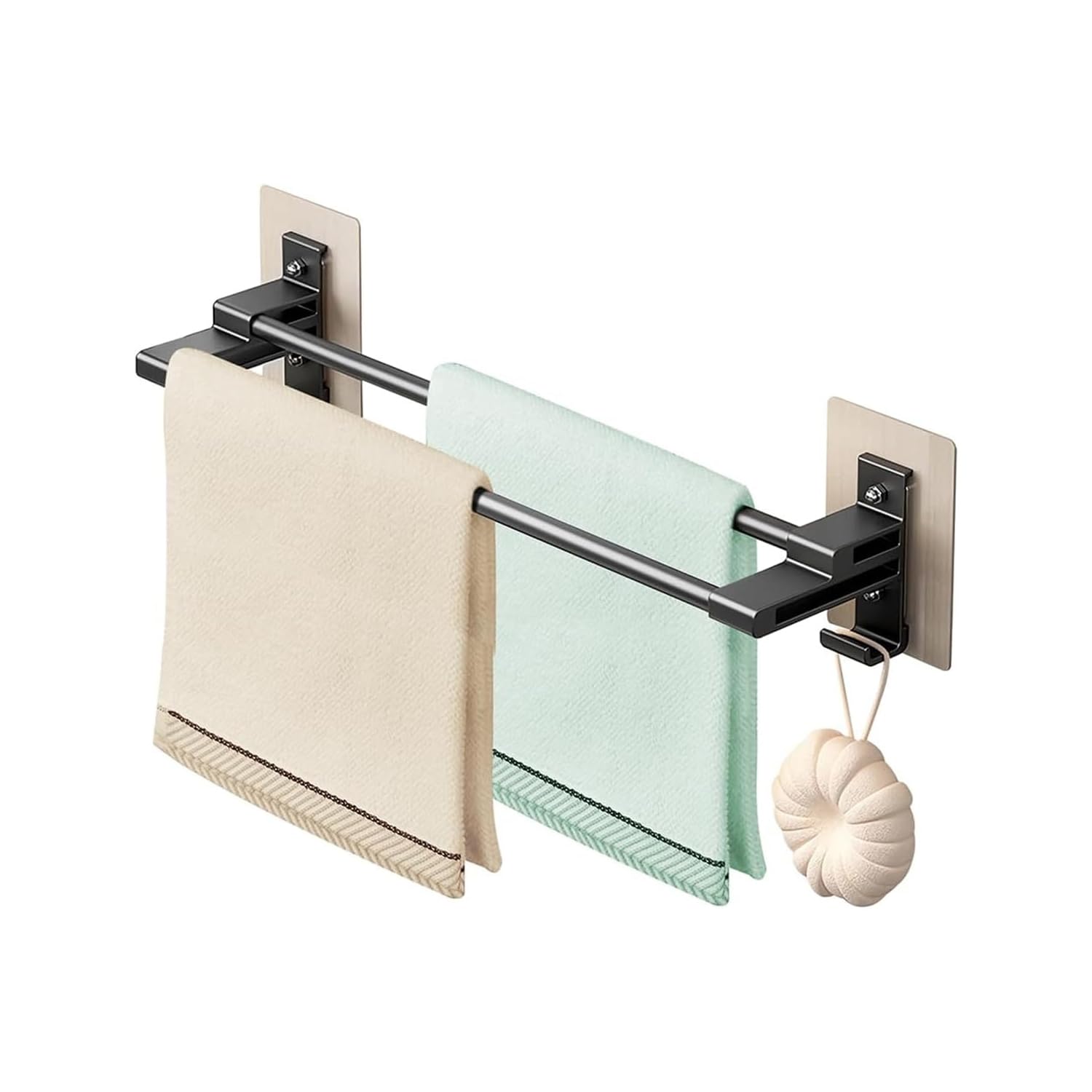 Lonimia 40CM Towel Rack, Self-Adhesive Towel Rack with Anti-Rust Aluminum, 2 Tier Double Bar Towel Rack Pole with 2 Hooks, Non-Drilling Towel Rack, Wall Mounted, For Bathroom Kitchen Shower