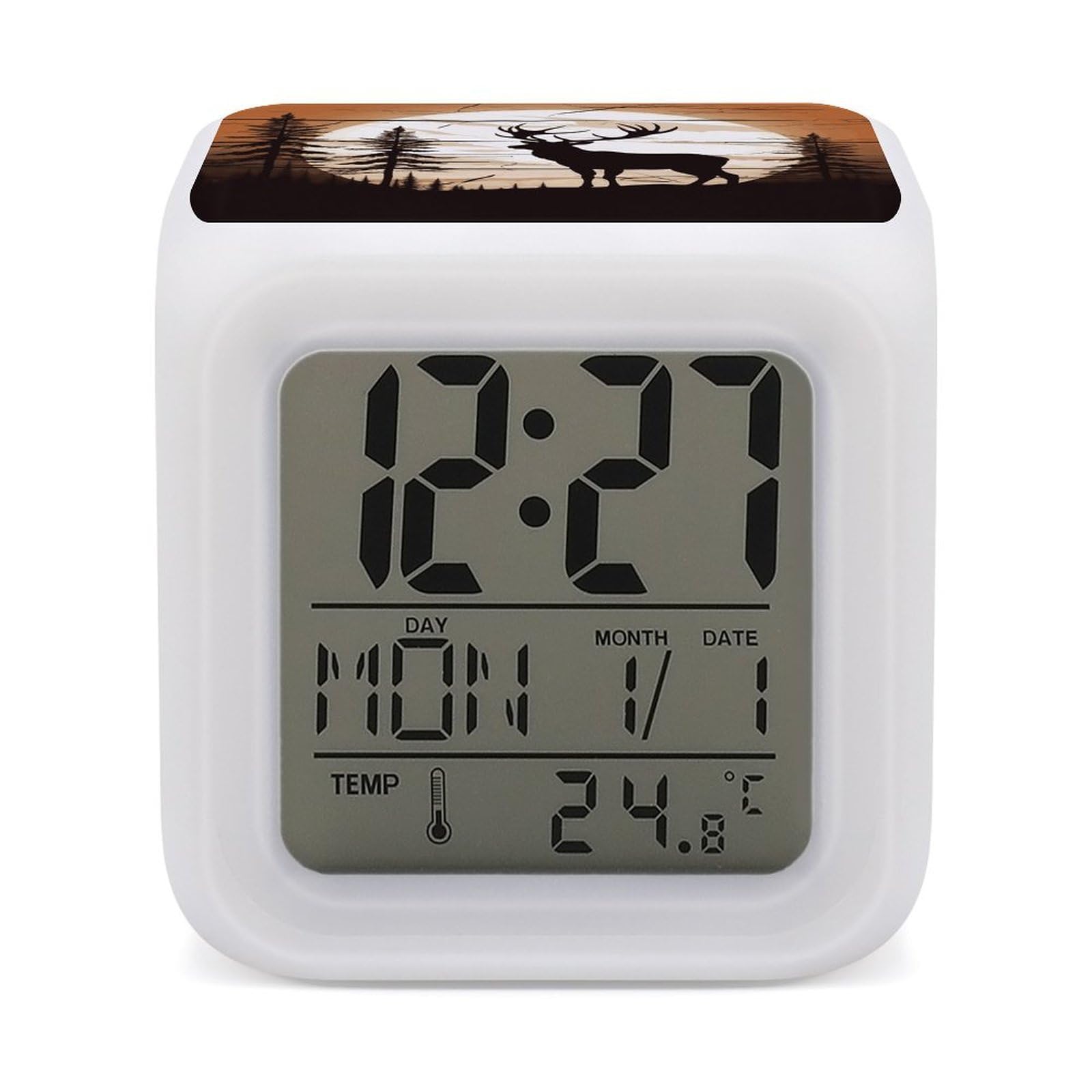 VstaDank Wild Elk Silhouette Alarm Clock with 7 Color Changing Night Light Date Temp Display Wake Clocks LED Display Digital Clock Electric Desk Clocks for Living Office Bedroom Decor