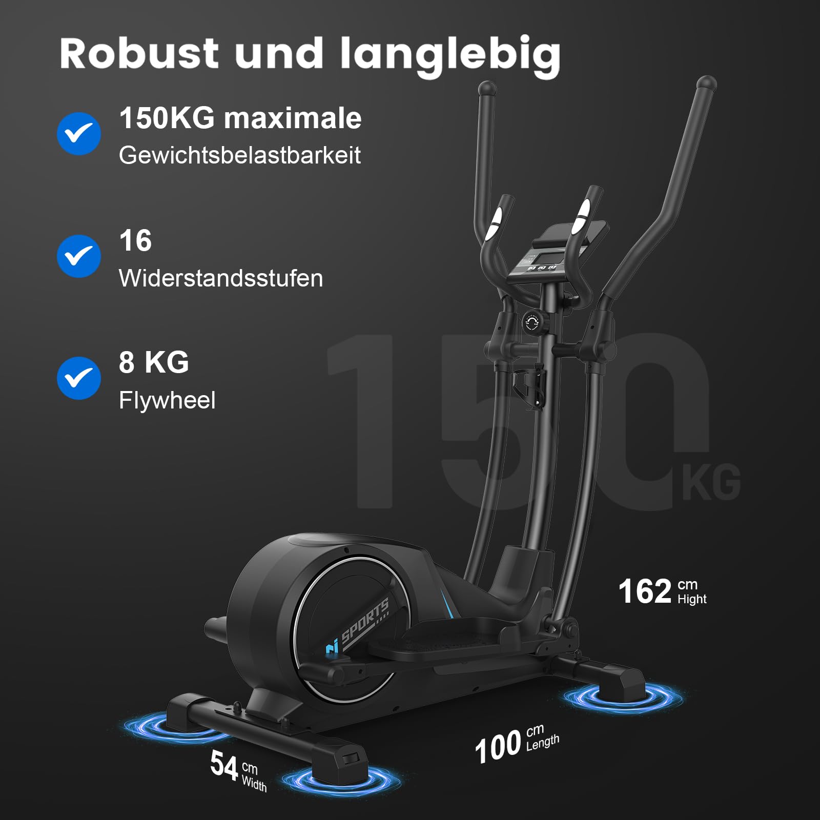 Crosstrainer für Zuhause, 3-in-1 Ultraleiser Magnetischer Ellipsentrainers mit 16 Widerstandsstufen, LCD Monitor, 8 kg Schwungrad, 42 cm Schrittlänge, Belastbar bis 150 kg für Fitnessübungen