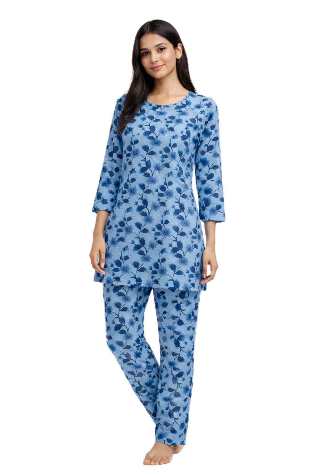 S.P. Collection's Blue Floral Printed Suit Set for Women, 3/4 Sleeve Top with Matching Pajama Pants, Soft Breathable Fabric, Loungewear-picture-22