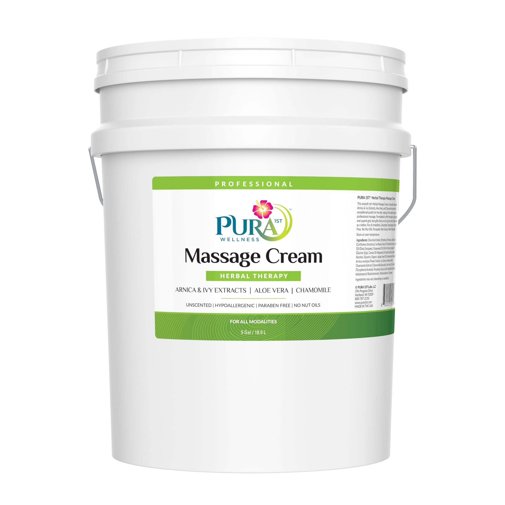 PURA 1ST Professional Herbal Therapy Massage Cream, Aloe Vera, Arnica Extract, Unscented, Hypoallergenic, Natural, Skin Moisturizing, Skin Hydrating, Deep Tissue, Wellness, Physical Therapy, 5 Gallon