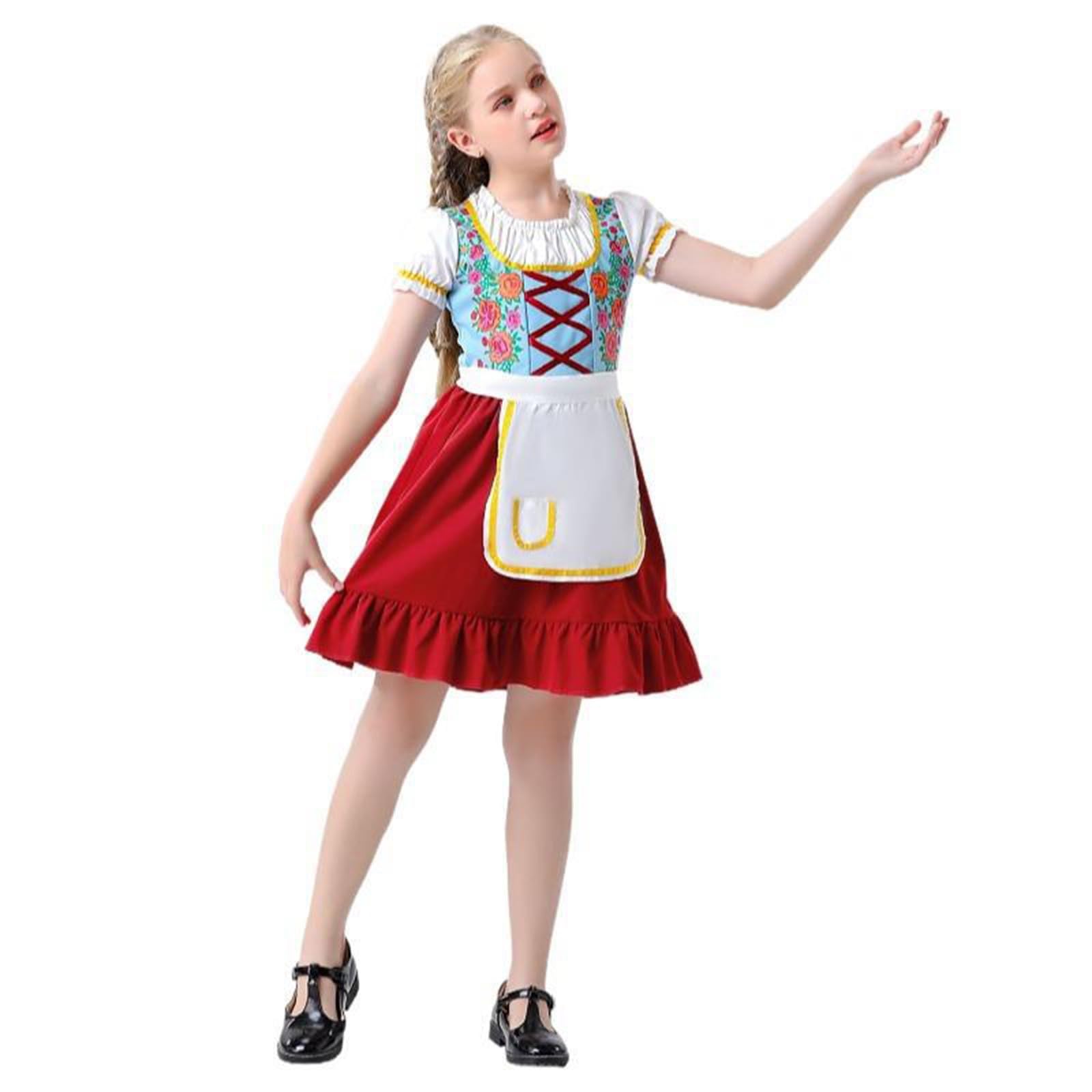 Generisch Traje para niña de manga corta y delantal, 2 piezas, longitud hasta la rodilla, Oktoberfest