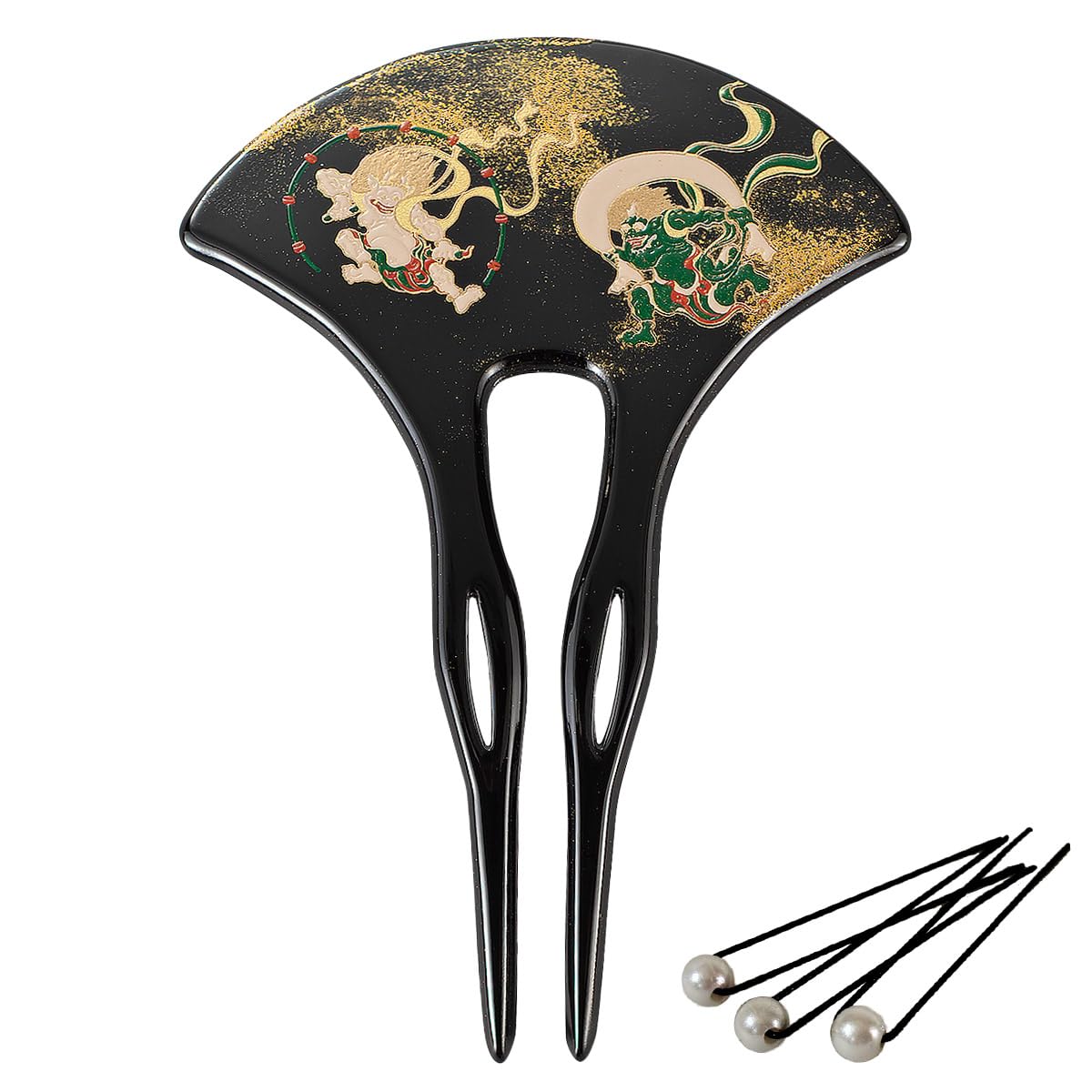 Lacquered Kanzashi with Fujin & Raijin Motif