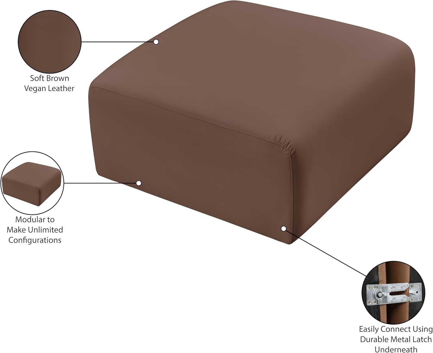 Meridian Furniture 101Brown-Ott Arc Collection Modern | Contemporary Ottoman with Soft Brown Vegan Leather, Deep Channel Tufting, Modular for Limitless Configurations, 31" W x 31" D x 17" H, Brown